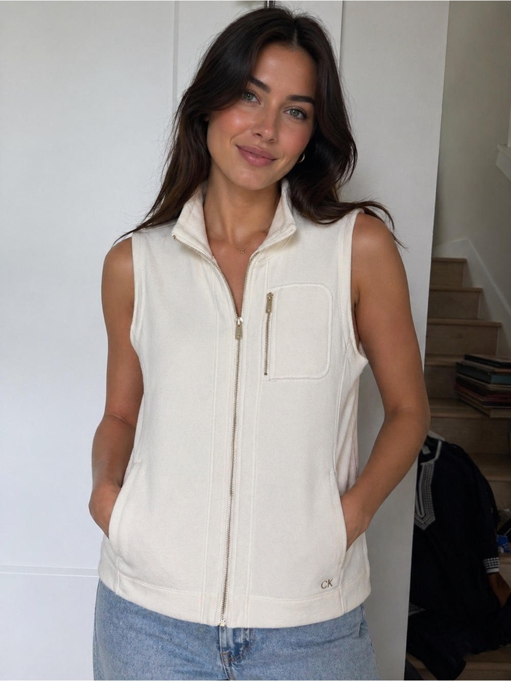 Calvin Klein Ivory Fleece Zip Up Vest